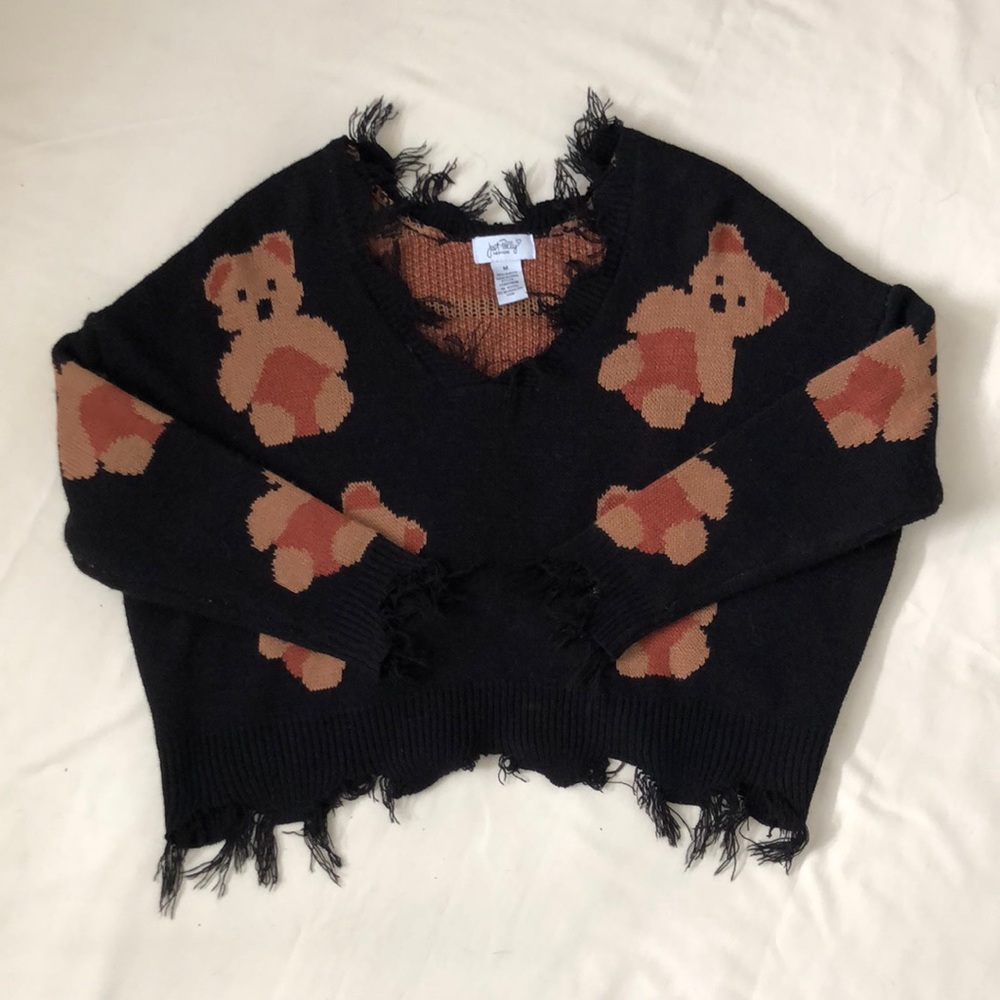 Just Polly Teddy Bear Distressed Knit Sweater